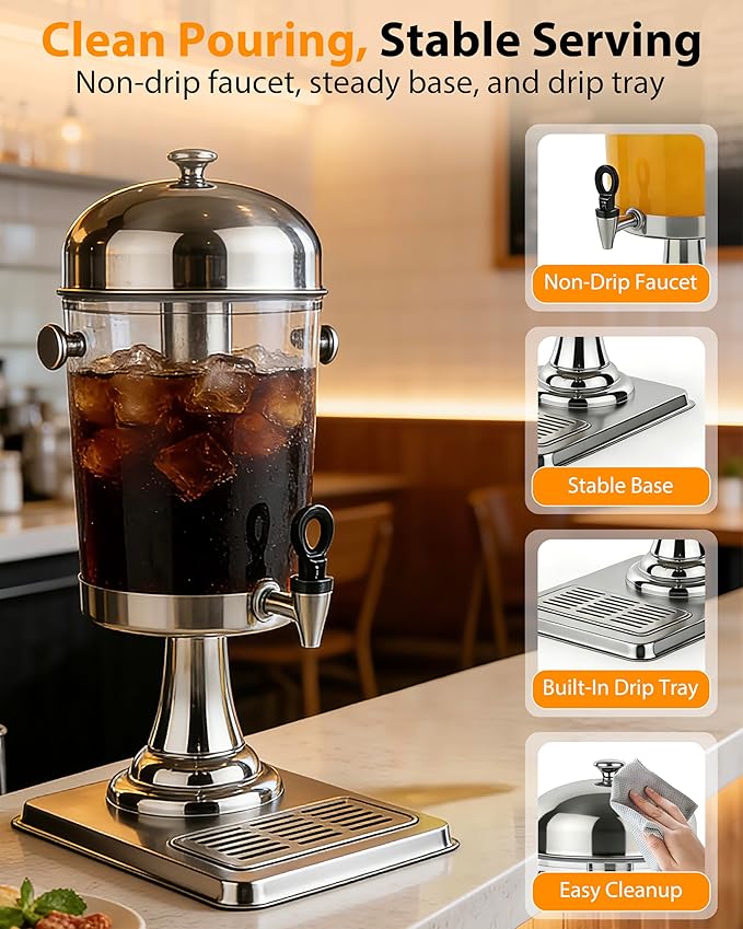 Beverage Dispenser with Stand,2 Gallon Drink Dispenser for Parties,Events,Buffet &Self-Serve,Dual Ice Tube Core Fruit Infuser,Leakproof Spigot,Clear PC Container,Stainless Steel Lid&Base - Image 4