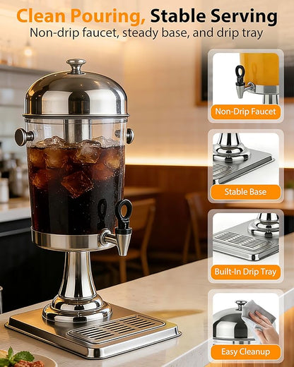Beverage Dispenser with Stand,2 Gallon Drink Dispenser for Parties,Events,Buffet &Self-Serve,Dual Ice Tube Core Fruit Infuser,Leakproof Spigot,Clear PC Container,Stainless Steel Lid&Base - Image 4
