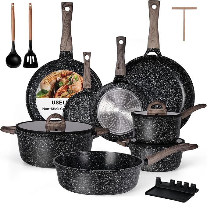 Ceramic Cookware Set 22 Piece Nonstick Pots and Pans Set Non Stick Kitchen Cooking Sets 8"Frying Pans with Lid,Black Granite Non-Toxic Induction Kitchen Cookware w/Glass Lids PFOS/PFOA-Free by useluck