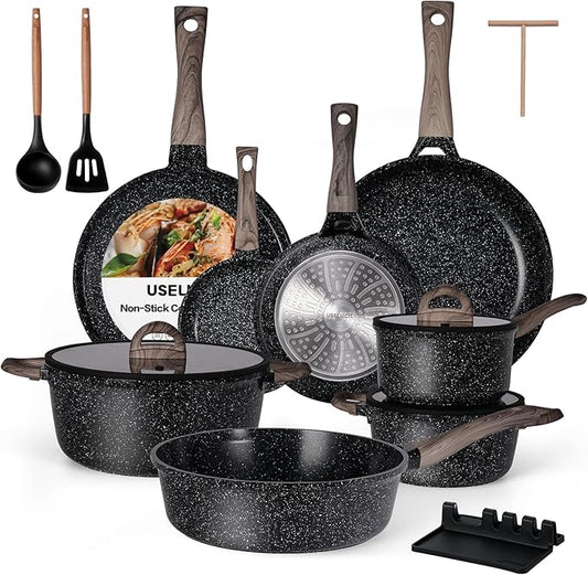 Ceramic Cookware Set 22 Piece Nonstick Pots and Pans Set Non Stick Kitchen Cooking Sets 8"Frying Pans with Lid,Black Granite Non-Toxic Induction Kitchen Cookware w/Glass Lids PFOS/PFOA-Free by useluck