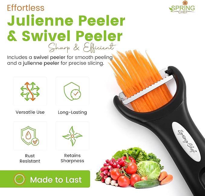 Spring Chef Swivel & Vegetable Julienne Peeler Set for Kitchen with Stainless Steel Sharp Blades - Potato Peelers with Soft Grip Handles & Blade Covers - Perfect for Carrot, Zucchini, Cucumber - Black - Image 2