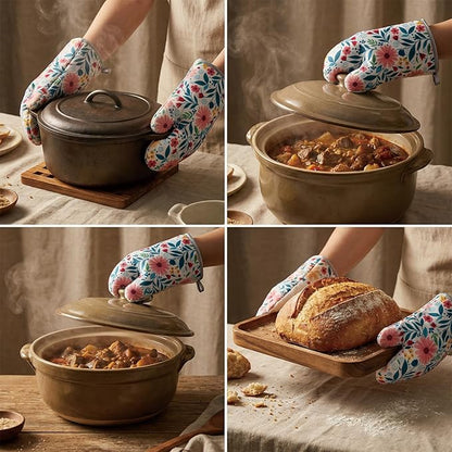 Floral Oven Mitts and Pot Holders Sets 2 Pcs, Canvas Heat Resistant Kitchen Mittens with Hot Pads, Vintage Farmhouse Country Decor, Non-Slip Cooking Baking Grilling Gifts for Women Mom (Flower2)