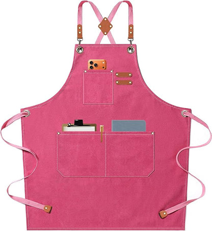 AFUN Chef Aprons for Men Women with Oversized Pockets, 16-Ounce Cotton Canvas Cross Back Heavy Duty Work Apron (Pink) by BringYouaFun