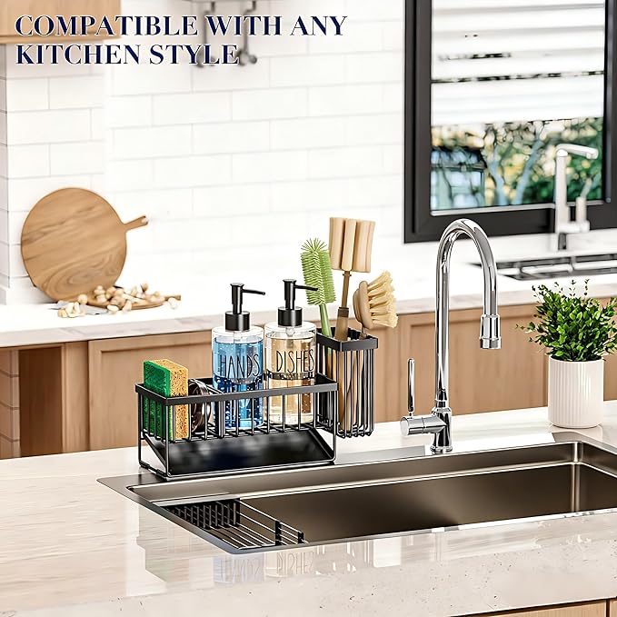 MASADI Kitchen Sink Caddy with Dish Soap Dispenser Set, 12OZ Glass Bottle, Hand and Dish Soap Dispenser Set, Non-Slip Silicone Pad, Brush Holder, Kitchen Sink Organizer Countertop (Black+Clear) - Image 7