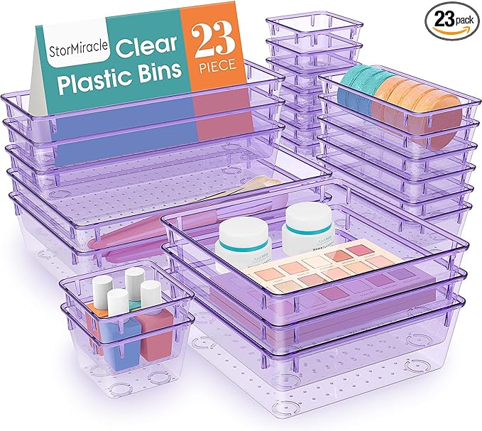 StorMiracle 23 PCS Drawer Organizer Set, 5 Varied Size Bathroom and kitchen Drawer cabinet organizer Trays, Clear Storage Bins for Makeup, Jewelry, Utensils and Gadgets, Purple by StorMiracle