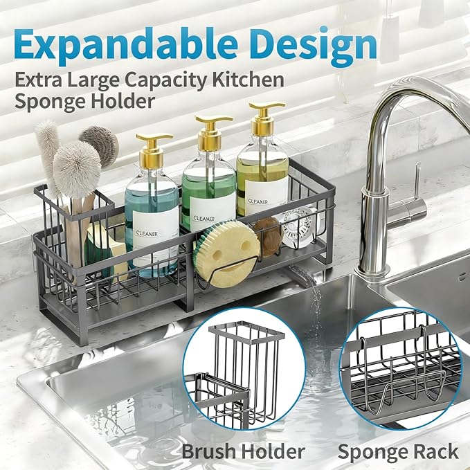 Aurblozen Extra Large Extendable Sponge Holder for Kitchen Sink, Rustproof Sink Caddy Organizer with High Brush Holder, Dish Soap Dispenser Organizers and Storage (Gray) - Image 4