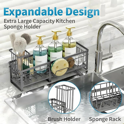 Aurblozen Extra Large Extendable Sponge Holder for Kitchen Sink, Rustproof Sink Caddy Organizer with High Brush Holder, Dish Soap Dispenser Organizers and Storage (Gray) - Image 4