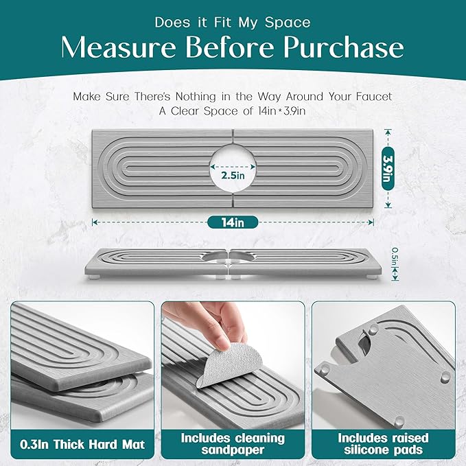 eormoe Diatomite Kitchen Faucet Mat - 14Inch Water Absorbing Stone Tray for Sink, Stone Fast-Drying Faucet Mat for Kitchen Counter Sink Accessories (Grey, 14'' x 3.9'') - Image 2