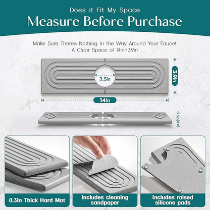 eormoe Diatomite Kitchen Faucet Mat - 14Inch Water Absorbing Stone Tray for Sink, Stone Fast-Drying Faucet Mat for Kitchen Counter Sink Accessories (Grey, 14'' x 3.9'') - Image 2