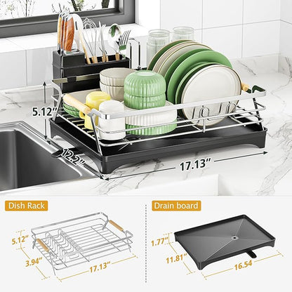 Epicano Dish Drying Rack for Kitchen Counter,Space-Saving Dish Rack,Rustproof Dish Drainer with Utensil Holder and Knife Slots for Sink,Kitchen Drying Rack with Wooden Handle and Cup Holder, Silver - Image 5