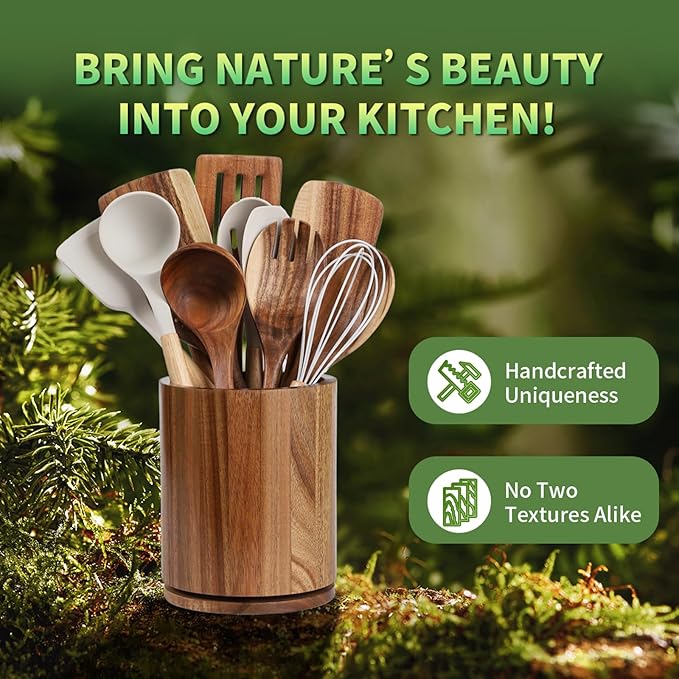 Wooden Utensil Holder, 360°Rotating 7.3'' Large Utensil Holder for Kitchen Counter, Kitchen Utensil Organizer, Utensil Crock, Farmhouse Kitchens Countertop Decor, Acacia Wood - Image 8
