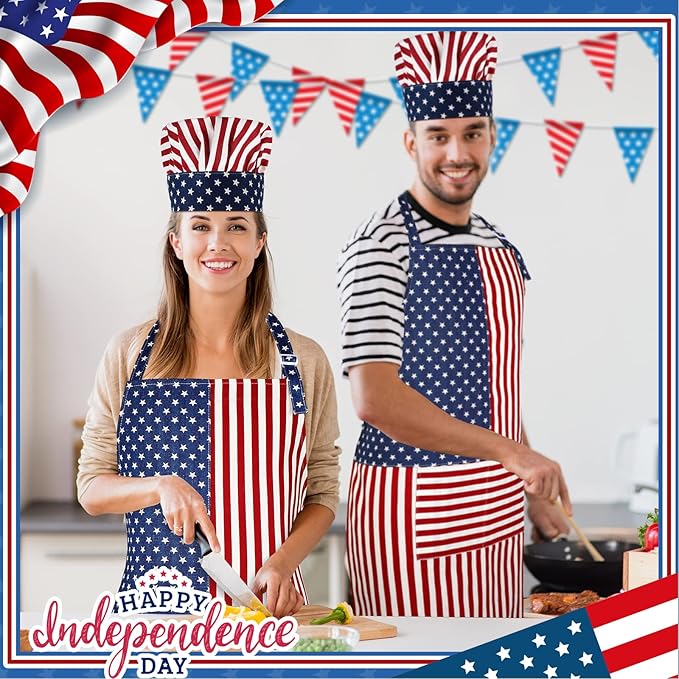 SATINIOR USA 4th of July Flag Kitchen Chef Hat Adjustable Apron 250th Independence Day Apron Patriotic Aprons for Men Women