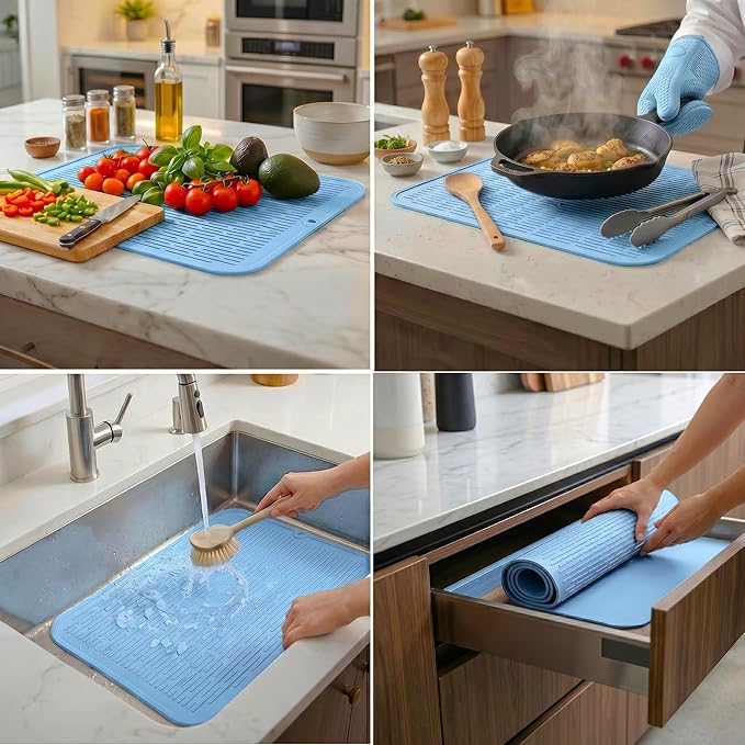 MicoYang Silicone Dish Drying Mat for Multiple Usage,Easy clean,Eco-friendly,Heat-resistant Silicone Mat for Kitchen Counter or Sink,Refrigerator or Drawer Liner Light Blue 2XL 24 inches x 18 inches - Image 3