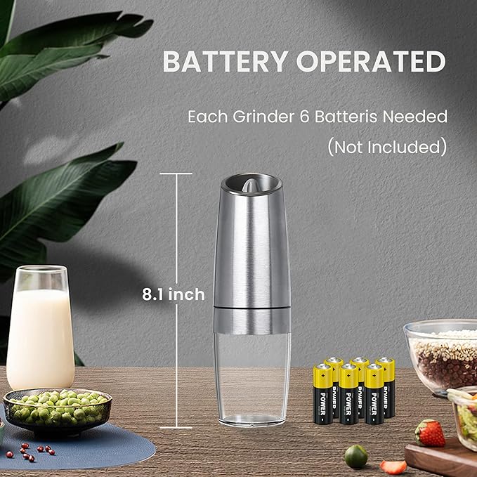 Battery Operated Salt And Pepper Grinder Set with LED Light, Automatic Electric Gravity Salt And Pepper Shakers Set, Each 6 AAA Batteries Needed, Adjustable Roughness, 2 Pack (Silver) - Image 4