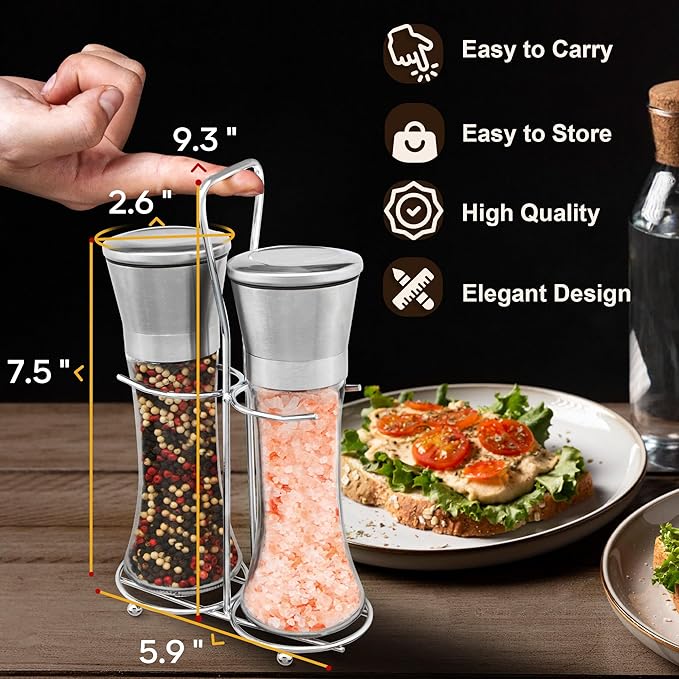 Salt and Pepper Grinder Set - Stainless Steel Refillable Salt & Peppercorn Shakers (2.6"W x 7.5"H - 2 Pack with Holder) - Image 5