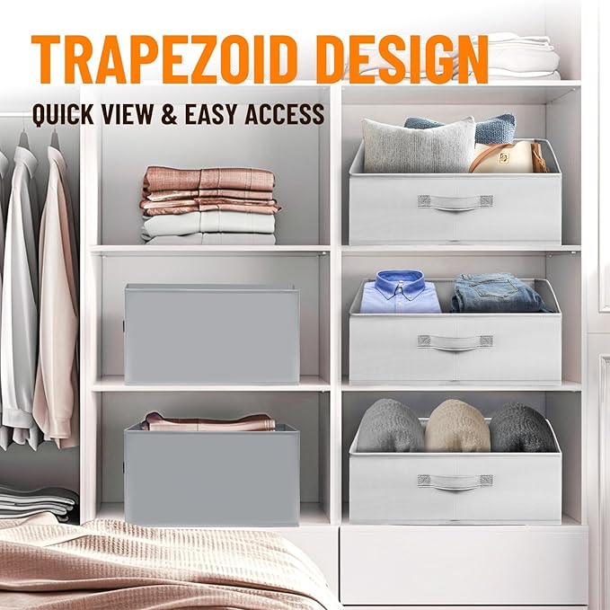 Criusia Closet Organizers Bins 6 Pack - Large Closet Shelf Organizer with Handles - Fabric Trapezoid Home Organization and Storage Baskets for Organizing Clothes Toy Blanket Towel Purse Hats - Image 4