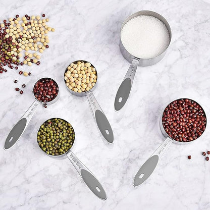 Measuring Cups & Spoons Set of 16, Wildone Stainless Steel Measuring Cups and Measuring Spoons with Gray Silicone Handle, Including 8 Nesting Cups, 8 Spoons, for Dry and Liquid Ingredient
