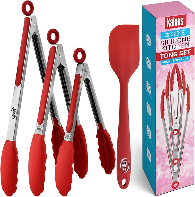 Kaluns Kitchen Tongs for Cooking Grilling Set of 4, BBQ Grill Tongs With Silicone Tip Stainless Steel Heat Resistant, Non-stick Pull Lock, Incl 7, 9, 12 Inch Tong Plus a Silicone Spatula by Kaluns%C2%AE