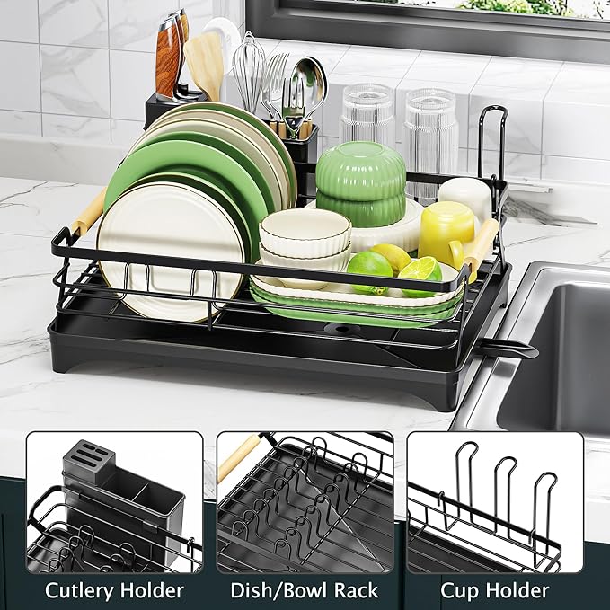Epicano Dish Drying Rack for Kitchen Counter - Large Capacity Dish Rack with Wooden Handle,Cup Holder & Knife Slots, Rustproof Dish Drainer with Auto-Drainage System, Kitchen Sink Organizer, Black - Image 3