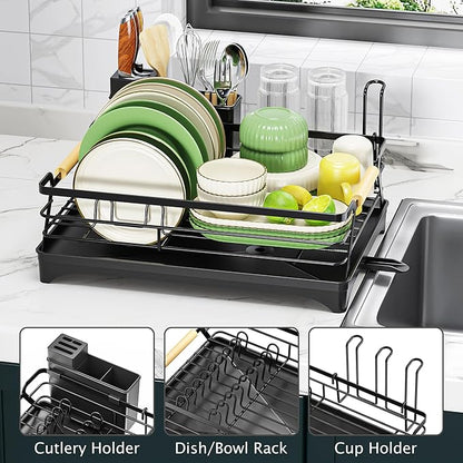 Epicano Dish Drying Rack for Kitchen Counter - Large Capacity Dish Rack with Wooden Handle,Cup Holder & Knife Slots, Rustproof Dish Drainer with Auto-Drainage System, Kitchen Sink Organizer, Black - Image 3