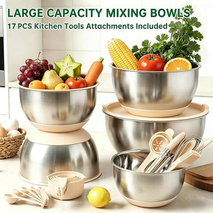 Deedro Premium Mixing Bowls with Airtight Lids Set, 22Pcs Thicker Stainless Steel Mixing Bowl Set, Large Prep Metal Bowls, Non-Slip Silicone Base Nesting Bowls for Kitchen, 1.5/2/3/4/5 QT, Khaki - Image 3