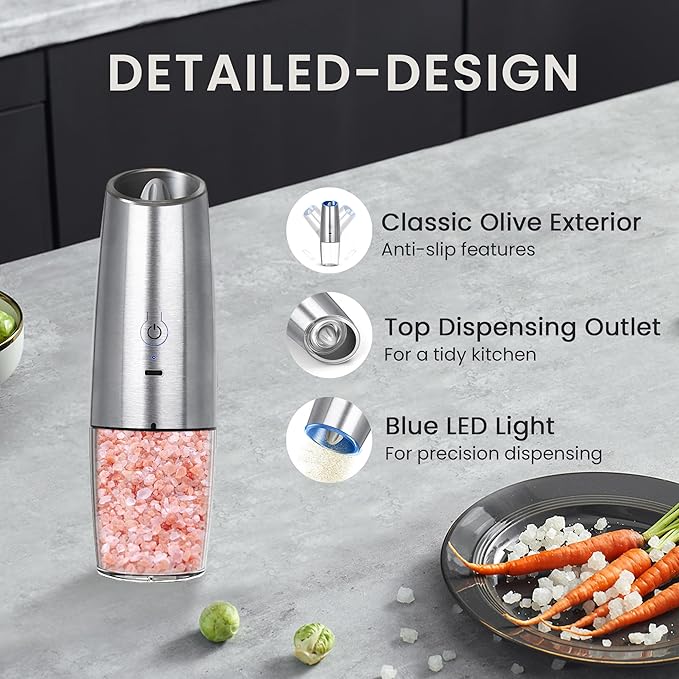 Rechargeable Salt And Pepper Grinder Set with LED Light, Automatic Electric Gravity Salt And Pepper Shakers Set, No Battery Needed, Adjustable Roughness, 2 Pack (Silver) - Image 5