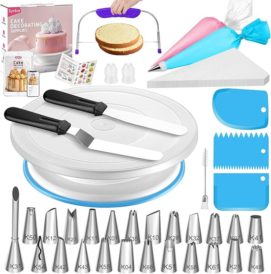 Syntus 65 PCs Cake Decorating Kit with Cake Stand Turntable, Cake Baking Supplies 30+1 Piping Bags, 24 Piping Tips, Offset & Straight Spatulas, 3 Scrapers, Leveler, 2 Couplers & 1 Tips Brush by Syntus
