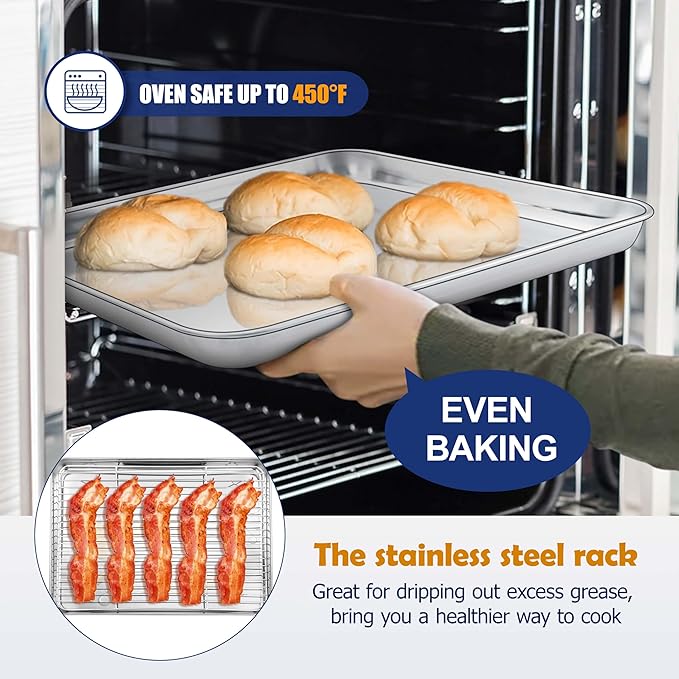 12.5 Inch Baking Sheet Pan with Rack Set, Joyfair Stainless Steel Toaster Oven Pans Tray & Cooling Racks for Cookie/Jelly Roll/Bacon/Meat, Commercial Metal & Rust-free, Dishwasher Safe - Image 5