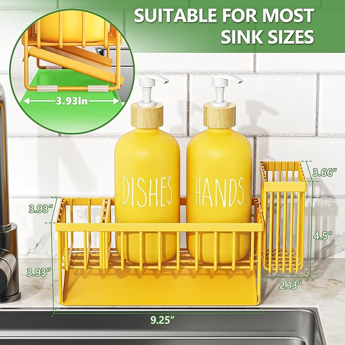 Cisily Yellow Dish Soap Dispenser Set, 16 fl Oz Dual Kitchen Soap Dispensers with Sponge Holder, Customized Stainless Steel Kitchen Soap Dispenser Set, Lemon Kitchen Decor and Accessories - Image 3