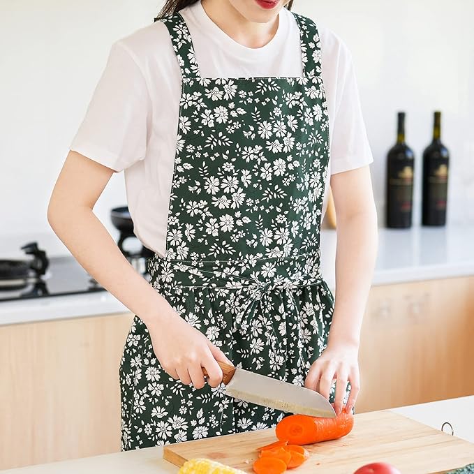 Pinknoke Vintage Pinafore Apron Dress for Women with Pockets Cute Floral Chef Aprons for Kitchen Cooking Baking Gardening - Image 5