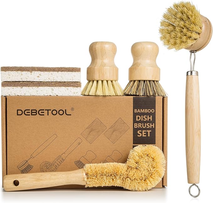 DEBETOOL 6 Piece Bamboo Dish Brush Set with Coconut Sponge - Wooden Dish Brush with Sisal and Palm Fiber, Natural Bamboo Dish Scrub Brush for Kitchen Cleaning Dishes, Pots, Pans, Bottles, Vegetables by DEBETOOL