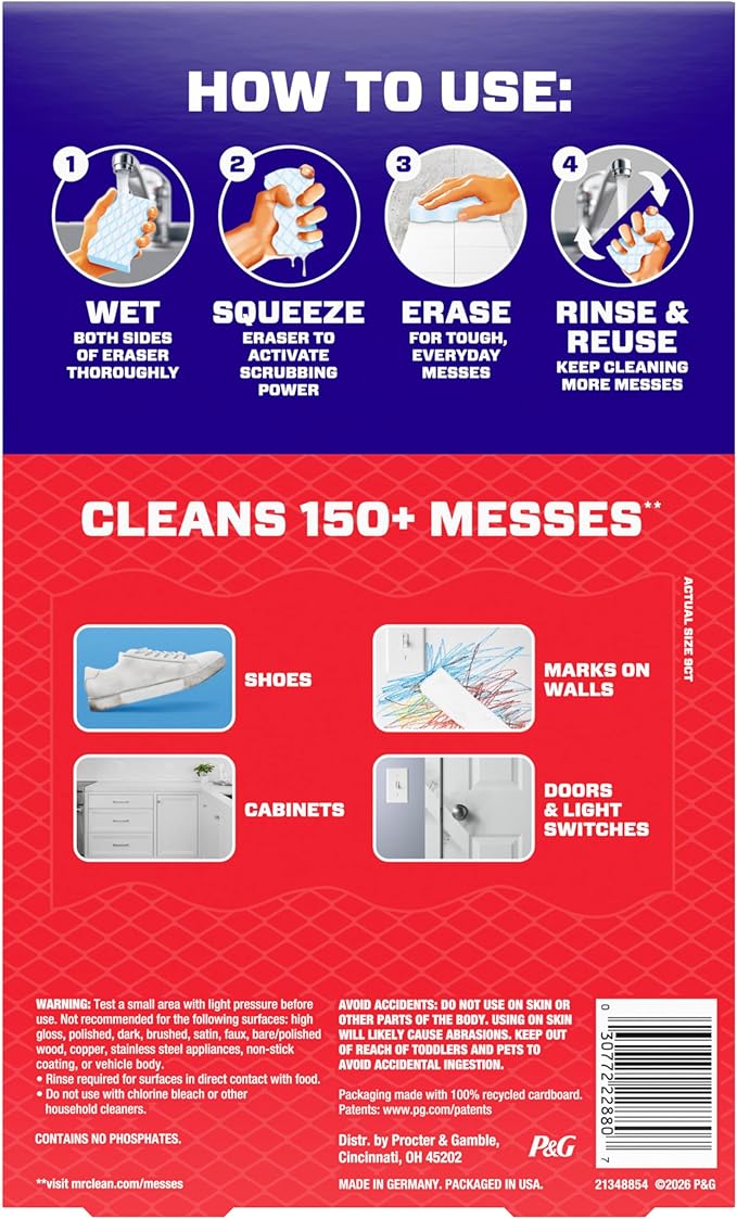 Mr. Clean Magic Eraser Sponge, All Purpose Cleaner, Cleaning Scrubber, Wall, Sneaker, Kitchen, Bathroom, Shower Cleaner, Cleaning Supplies, Melamine Sponge, Cleaning Pads, Extra Durable, 9ct - Image 14