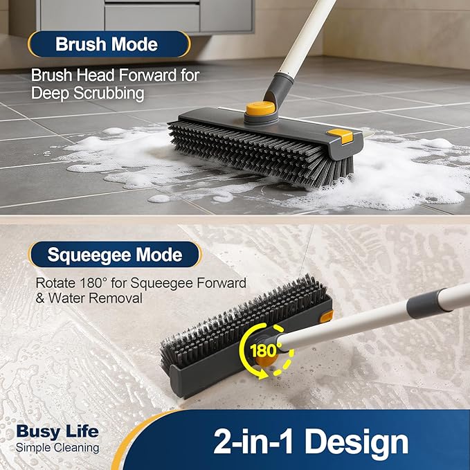 Yocada Floor Scrub Brush with Long Handle 3 in 1 Dual-Sided Stiff Bristle Scrubber Brush and Scrape Squeegee Indoor&Outdoor for Cleaning Bathroom Kitchen Patio Pool Garage Wall Deck 53.9"