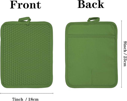 Oven Pot Holder with Pocket Cotton Heat Resistant Coaster Potholder Kitchen Hot Pad Oven Mitts for Cooking and Baking Square 7"x9" (Green, Silicone) - Image 2