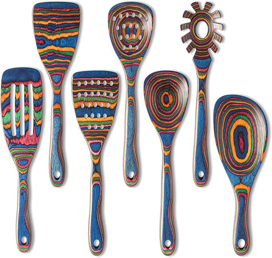 Gudamaye Pakka wood 7-Piece Blue Wooden Cooking Utensils, Wooden Spoons for Cooking, Wooden Spoon Set, Wooden Kitchen Utensil set, Pakkawood Cooking Spoons, Non-Stick Spoon,Pakkawood kitchen utensils by Gudamaye-WoodenUtensilsSets