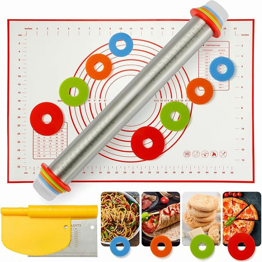 MIKULA Rolling Pin, Rolling Pins Thickness Rings and Silicone Baking Pastry Mat Set, Stainless Steel Dough Roller Rolling Pins for Baking & Bench Scraper For Pizza, Cookies, Pie, Pasta, Pastries by MIKULA