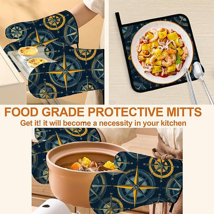 Campass Sailor Oven Mitts & Potholder Set of 4 - Heat Resistant Kitchen Gloves Hot Pads for Baking, Cooking, Gifts for Women