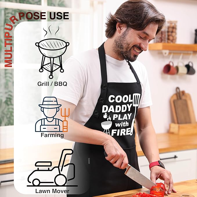 TOSHE Funny Apron Waterdrop Resistant Cotton Apron with adjustable Aprons for Women with Pockets 12 Color option Cooking (Black - Cool Daddy Play with Fire) - Image 3