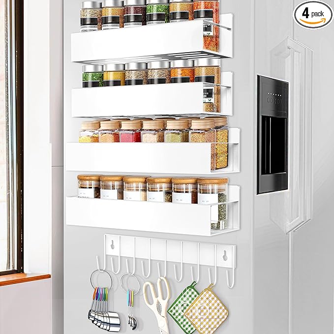 SMRCAD Magnetic Spice Rack Organizer for Fridge Seasoning Organizer for Kitchen storage with Screw Magnetic Shelf with Hook for Refrigerator and Oven (4pack1hook-White) by SMRCAD