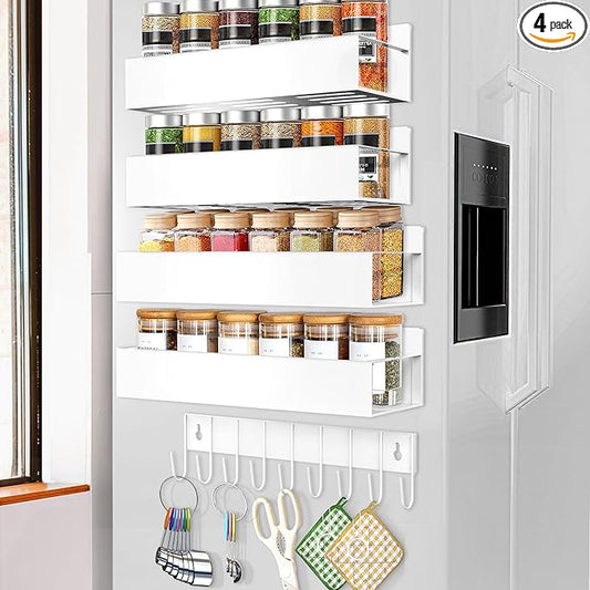 SMRCAD Magnetic Spice Rack Organizer for Fridge Seasoning Organizer for Kitchen storage with Screw Magnetic Shelf with Hook for Refrigerator and Oven (4pack1hook-White) by SMRCAD