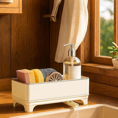 Sponge Holder for Kitchen Sink – Rustproof Stainless Steel, 360° Rotating Drain Pipe, Large Counter Organizer with Drip Tray for Sponges, Brushes & Dish Cloths Off-white by MOUKABALGREATHELPER
