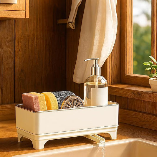 Sponge Holder for Kitchen Sink – Rustproof Stainless Steel, 360° Rotating Drain Pipe, Large Counter Organizer with Drip Tray for Sponges, Brushes & Dish Cloths Off-white by MOUKABALGREATHELPER