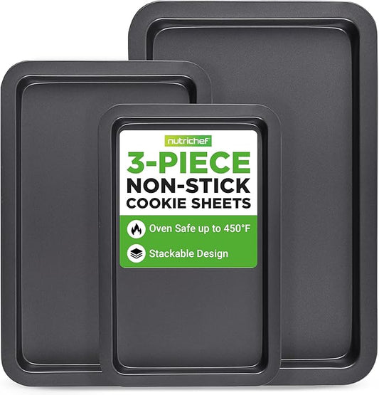 NutriChef 3-Piece Nonstick Baking Sheet Set – Non-Toxic Cookie Sheets for Everyday Baking – Small, Medium & Large Oven Safe Bakeware Trays – Warp-Resistant, Easy to Clean & Dishwasher Safe by NutriChef%E2%84%A2Kitchen
