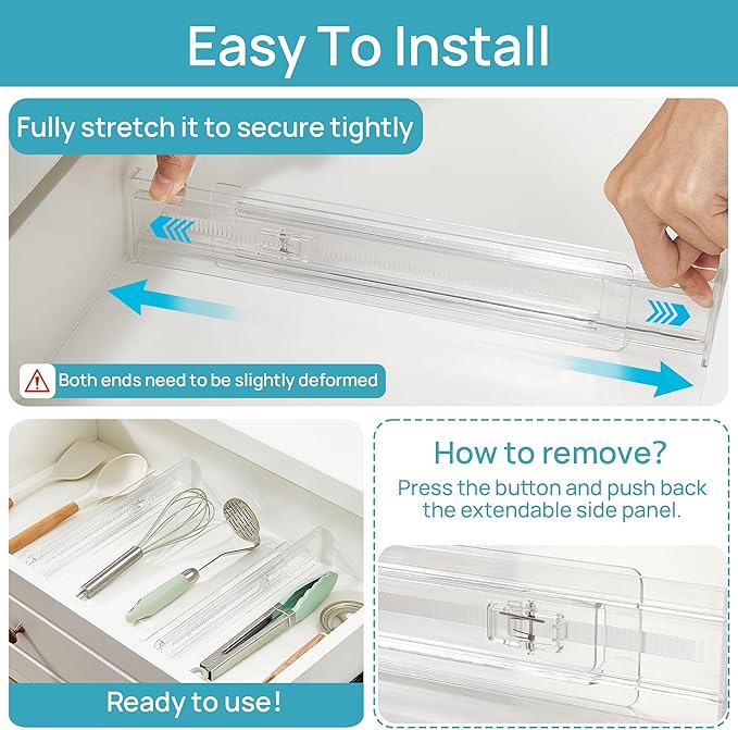 Vtopmart 8 Pack Shallow Drawer Dividers, 2.36" High 12.5"-20.8" Adjustable Expandable Kitchen Drawer Organizer, Clear Plastic Organizer Separators for Flatware, Utensil, Cutlery, Underwear, Clothes - Image 6