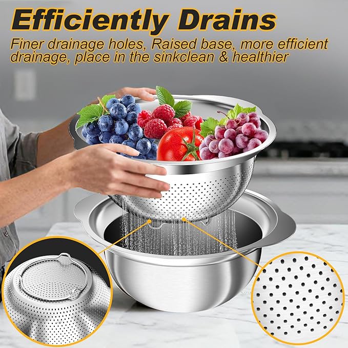 Stainless Steel Colander, 3Pcs Strainer for Kitchen Food with Handle Kitchen Gadget Food Strainer Basket for Washing Vegetables, Fruits, Rice, and Pasta, (2+2QT Colander + 3QT Mixing Bowl) - Image 3