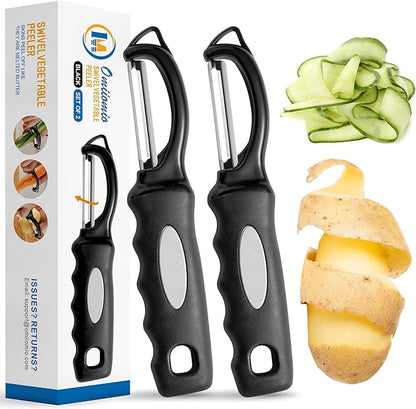 Premium Swivel Vegetable Peeler, Soft Grip Handle and Ultra Sharp Stainless Steel Blades - Perfect Kitchen Peeler For Veggie, Fruit, Potato, Carrot, Apple - Black - Set of 2