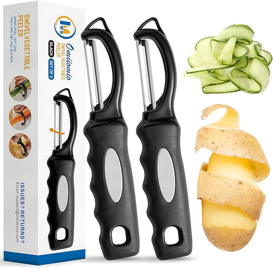 Premium Swivel Vegetable Peeler, Soft Grip Handle and Ultra Sharp Stainless Steel Blades - Perfect Kitchen Peeler For Veggie, Fruit, Potato, Carrot, Apple - Black - Set of 2