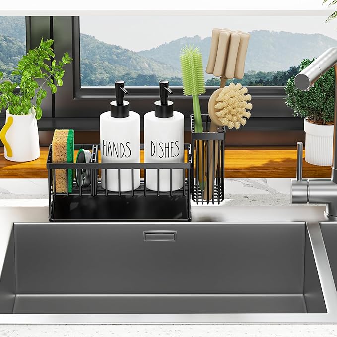 MASADI Kitchen Dish Soap Dispenser Set with Sponge Holder, 12OZ Glass Bottle, Hand and Dish Soap Dispenser Set, Non-Slip Silicone Pad, Brush Holder, Kitchen Sink Organizer Countertop (Black+White) - Image 8