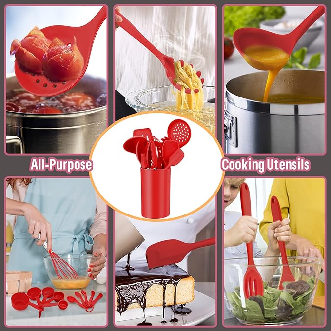 Silicone Kitchen Utensils Set, E-far 23 Pcs Red Cooking Utensils Tools with Holder for Nonstick Cookware, Include Spatula/Spoon/Ladle/Tongs/Turner, Heat Resistant & Nontoxic, Dishwasher Safe - Image 4