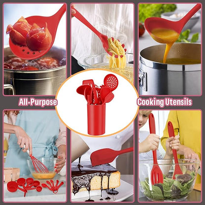 Silicone Kitchen Utensils Set, E-far 23 Pcs Red Cooking Utensils Tools with Holder for Nonstick Cookware, Include Spatula/Spoon/Ladle/Tongs/Turner, Heat Resistant & Nontoxic, Dishwasher Safe - Image 4